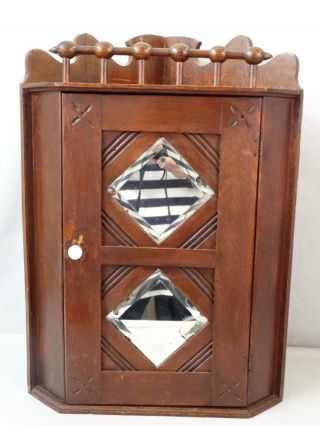 19thc Antique Victorian Stick & Ball Bevel Glass Mirror Primitive Corner Cabinet photo