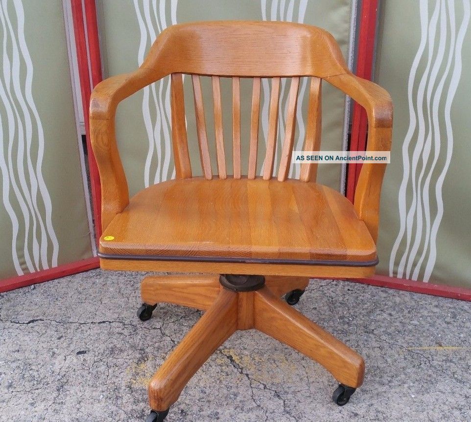 Antique Solid Oak Wood Swivel Chair Bankers Barrel Office Desk 1900-1950 photo