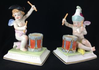 Antique Rare Two Magnificent Scheibe Alsbach Cherub Drummers Porcelain Figurines photo