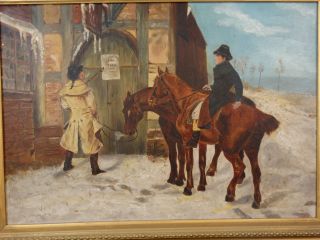 19thc Antique Victorian Tavern & Horse Allegorical Snow Scene Folk Art Painting photo