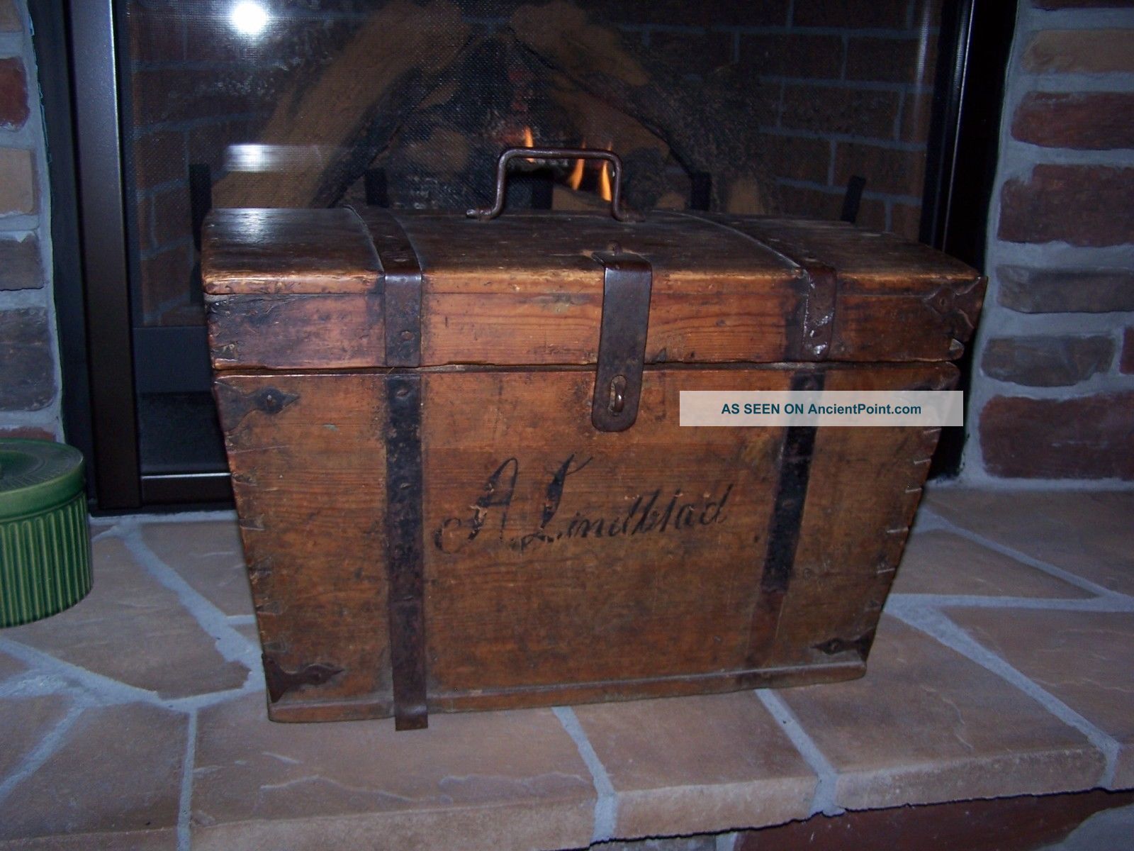 Early Antique Primitive Wooden Travel Trunk.  Painted Name,  Square Nails Dovetail Unknown photo
