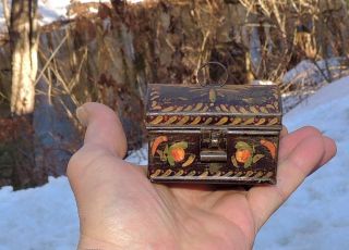 Antique Primitive Paint Decorated Tin Miniature Tole Dome - Top Box,  Aafa photo