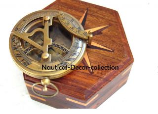 Antique Nautical Solid Brass Sundial Compass - Gift Ship Compass With Wooden Box photo