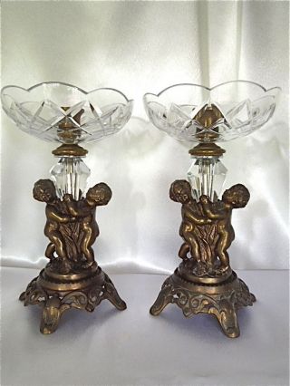Antique Pair 2 Cherubs Brass/crystal Glass Art Deco Candle Stick Holders photo