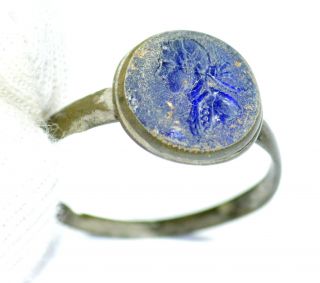 Stunning Late Medieval Bronze Ring - Blue Gem With Bust Of Aristocrat - Jk57 photo