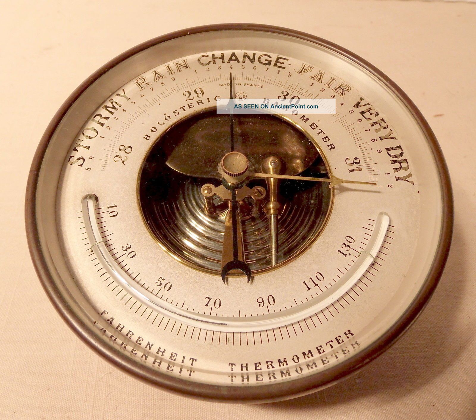 C1920 Paul Naudet (pnhb) French Holosteric Wall Barometer W/ Curved Thermometer Barometers photo