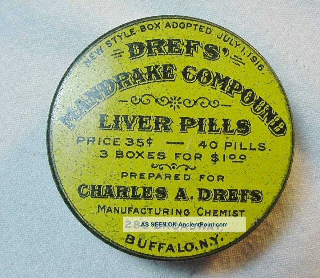 Wwi Era Circular Drefs Mandrake Compound Liver Pills Litho Tin Container Buffalo Other Antique Apothecary photo
