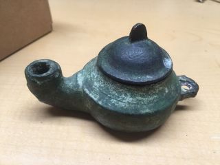 Roman Bronze Oil Lamp With Handle And Lid Greek Athens Greece photo