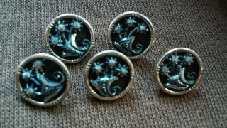 5 Metal Antique Buttons Blue & Silver photo