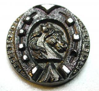 Antique Black Glass Button Horse Head Inside Horse Shoe W/ Silver Luster Med Sz photo