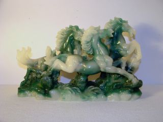 3 Stallions Running Sculpture Chinese Jadeite Vintage Piece photo