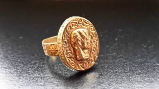Old Near Eastern Yellow Metal Dress Ring Ornate Designs & Raised Emperor Face photo