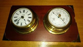 Vintage Brass & Wooden Aneroid Staiger Clock Barometer / Weather Dial photo