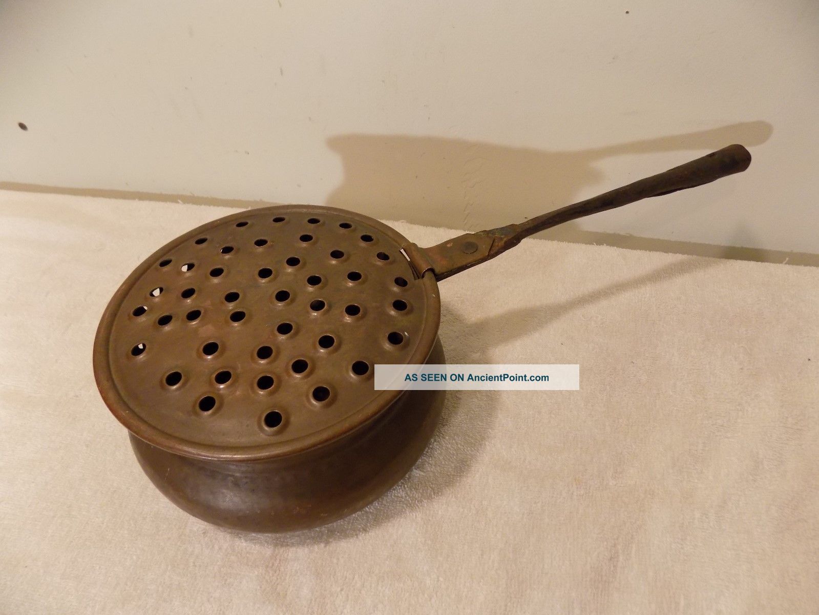 Antique Primitive Hand Hammered Copper Chestnut Roaster Pan,  Forged Iron Handle Hearth Ware photo