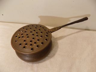 Antique Primitive Hand Hammered Copper Chestnut Roaster Pan,  Forged Iron Handle photo