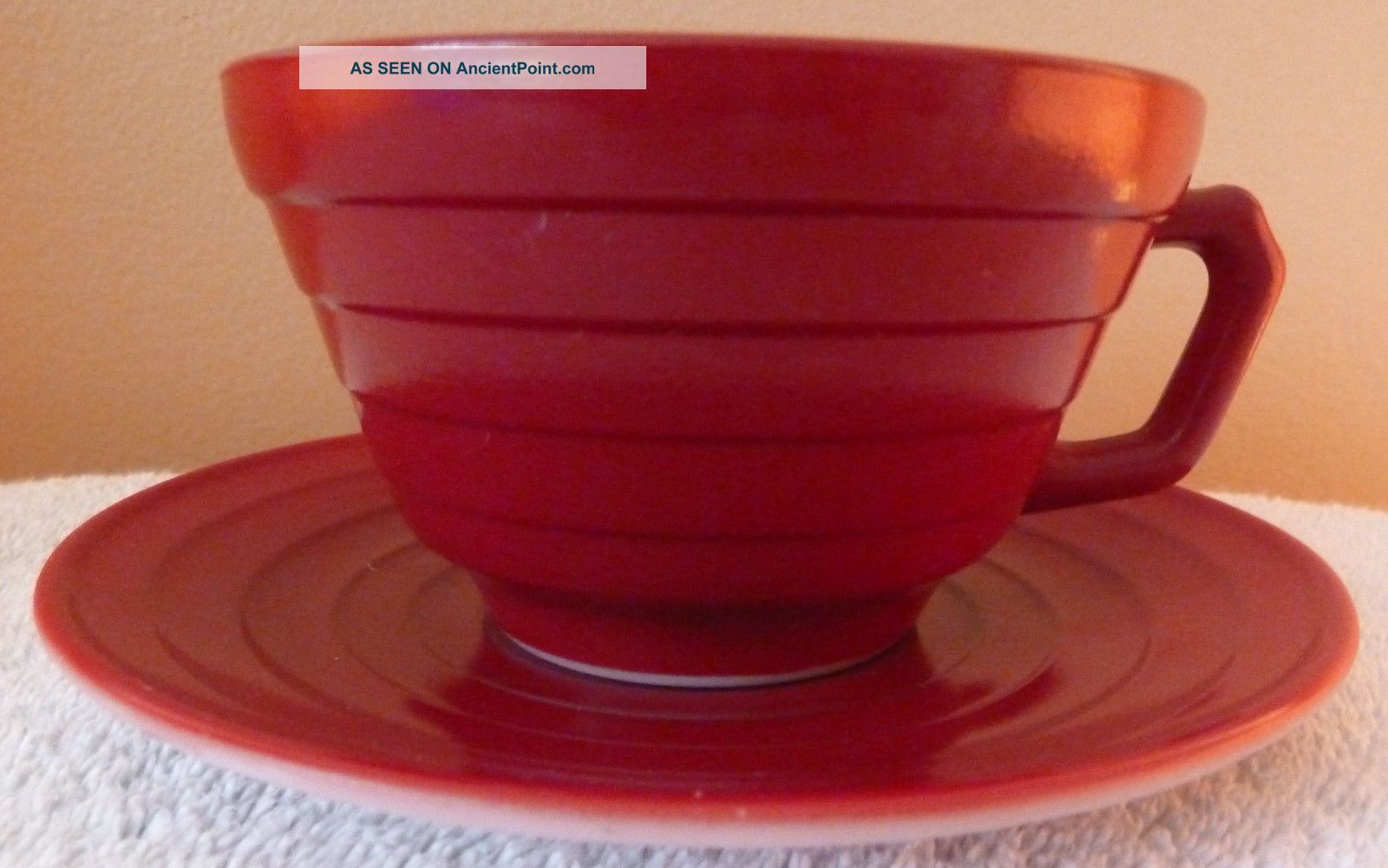 1930s Hazel - Atlas Modertone Maroon Platonite Depression Glass Cup And Saucer Other Antique Glass photo