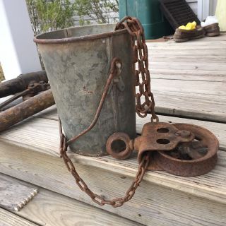 Vtg Primitive Galvanize Well Bucket Chain & Pulley Planter Pail Farm Barn Feed photo