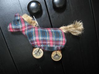 Antique Vintage Wooden Spool Black Plaid Horse Ornament 197 photo