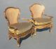 Pair Vintage French Provincial Cane Accent Arm Chairs Gold Silk Cushions Unique Post-1950 photo 1
