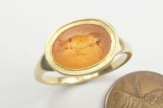 Antique 22k Gold Signet Ring W/ Ancient Roman Intaglio Agate Wolf Seal photo