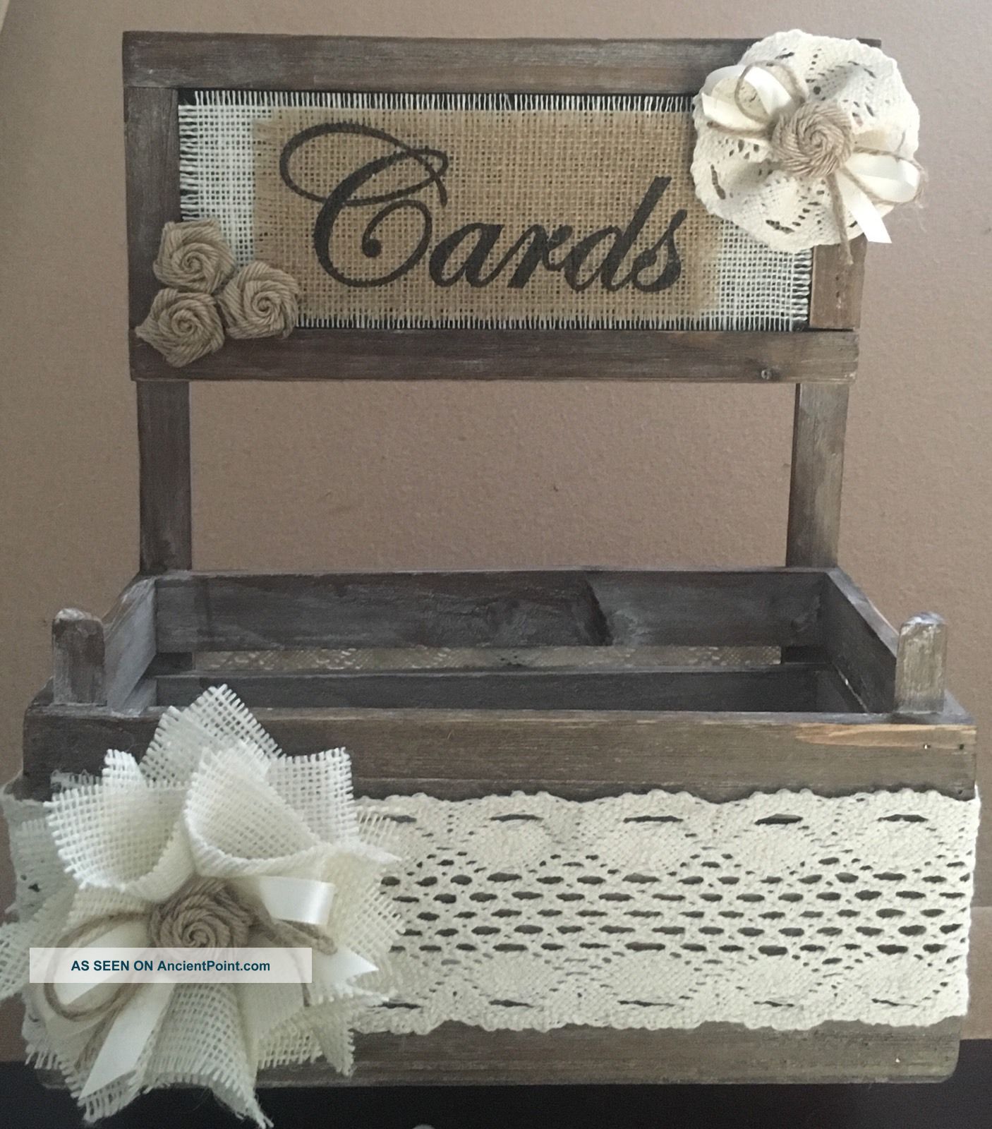 Barn Wood Box Gift Card Holder Burlap Lace Flowers Rustic Country Wedding Baby Primitives photo