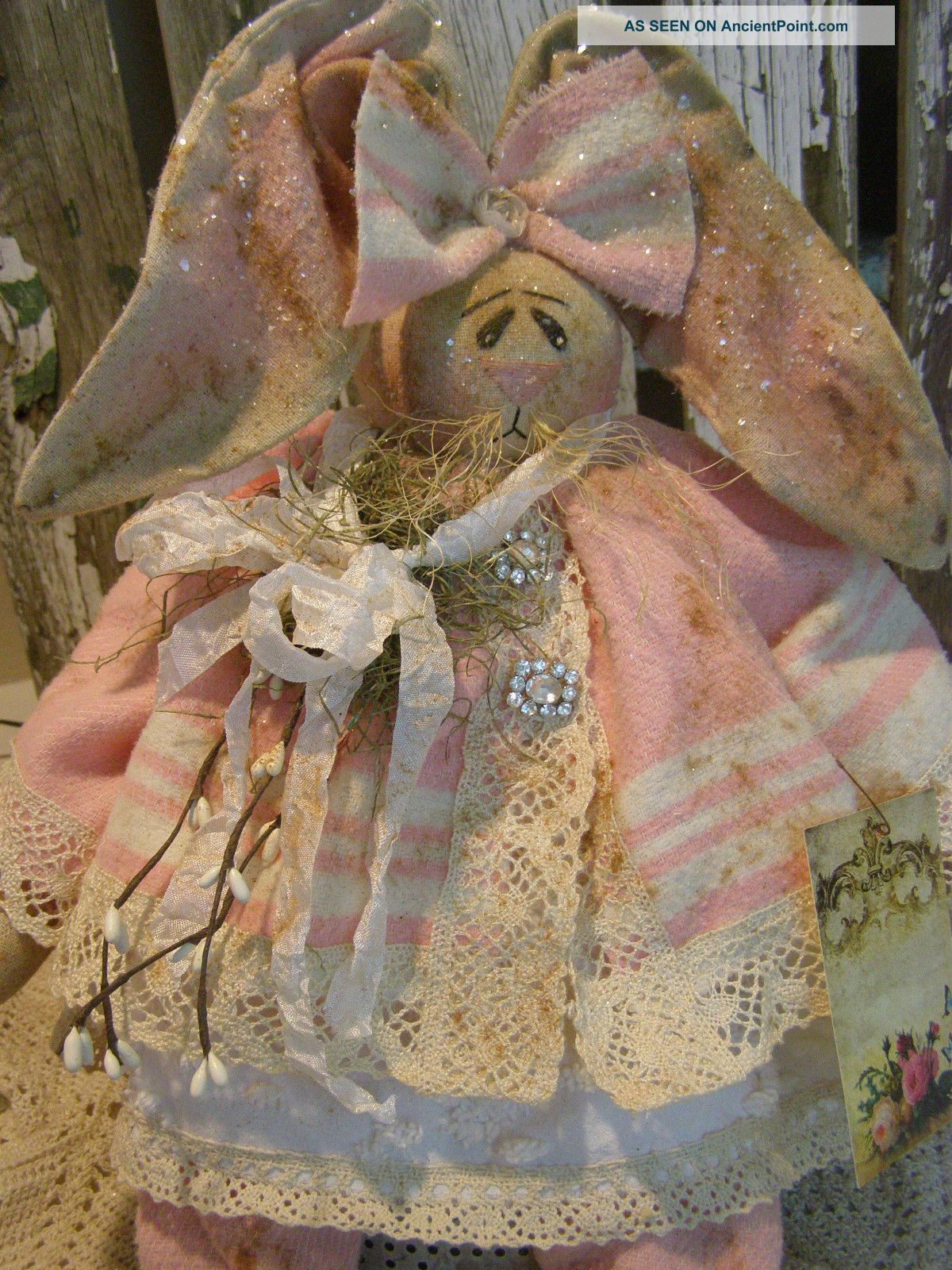 Primitive Easter Bunny Chenille Lace Rhinestone Button Folk Art Rabbit Doll Primitives photo