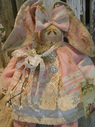 Primitive Easter Bunny Chenille Lace Rhinestone Button Folk Art Rabbit Doll photo