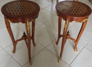 Solid Wood Inlaid Polished Marquetry Pedestal Tables With Bronze Accents photo