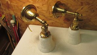 2 Antique Brass Wall Lights & Shades photo