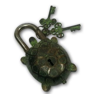 Antique Decorative Hand Carved Brass Turtle,  Green Tortoise Pad Lock W Keys Bl 08 photo