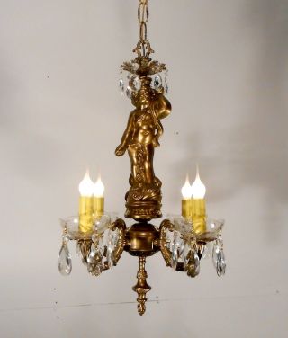 Vintage Antique Cherub Angel Chandelier Ceiling Light Fixture Lamp W Crystals photo