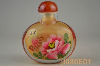 Collectible China Handwork Glass Inside Painting Wealth Flower Snuff Bottle photo