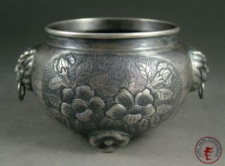 Antique Chinese Silver Made Brush Washer Statue Pot Beast Head & Lotus photo