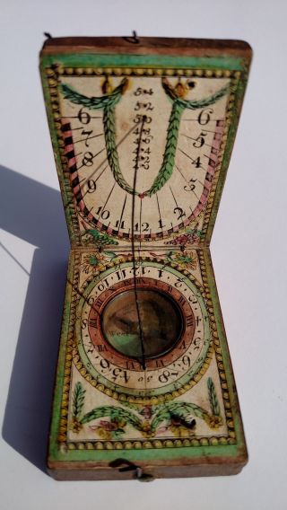 Antique 19th C.  Colorful Wooden Paper Covered German Folding Compass / Sundial photo