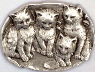 Collectable Sterling Overlay On Stamped Brass Cute Kittens Cat Button 2 1/16 