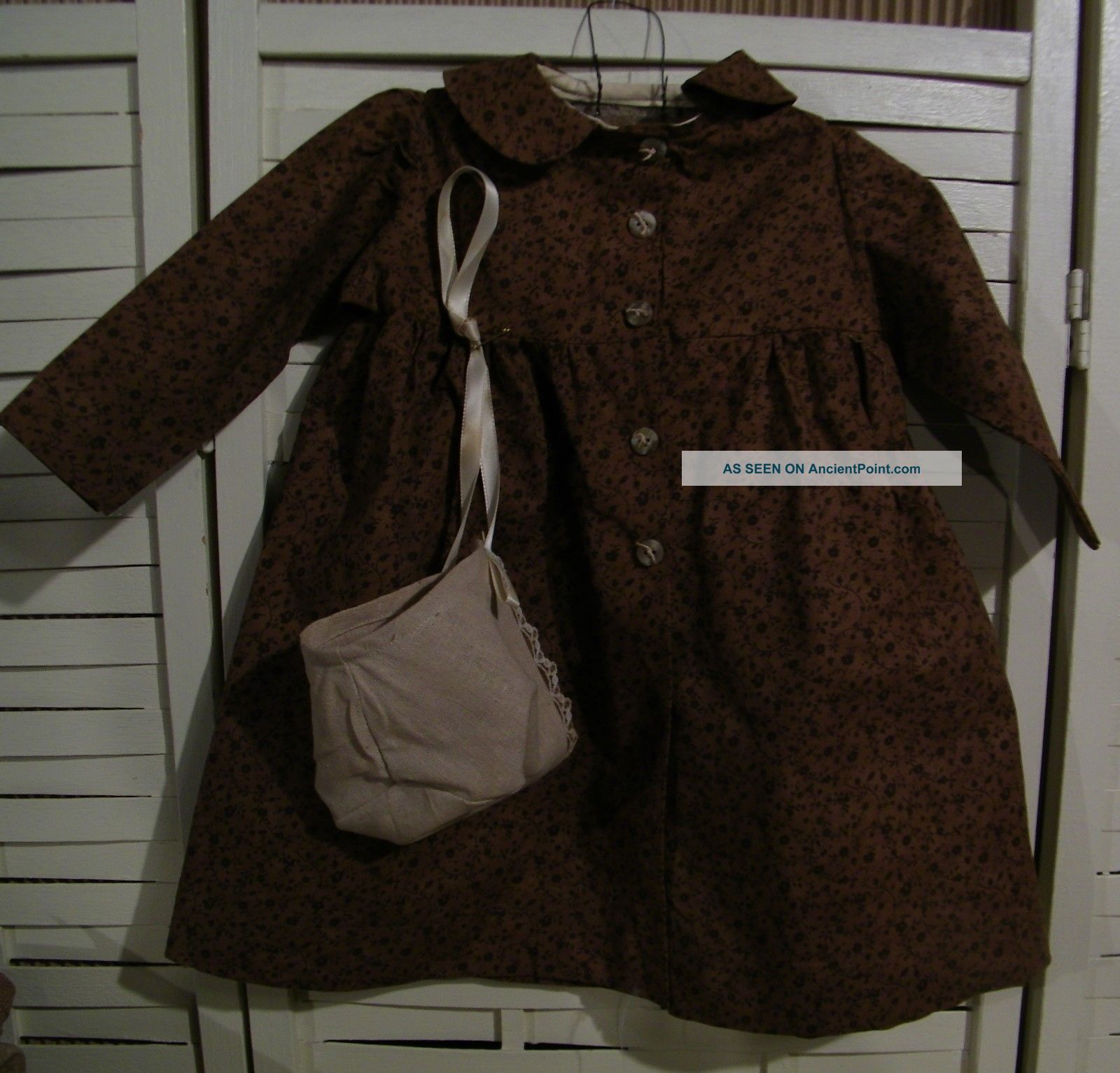 Primitive Prairie Little Pioneer Dress With Bonnet Tea Stained Brown Calico Primitives photo