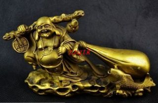 Old Handwork Copper Carving Buddha Carry Sack Of Gold Coin Big Statue photo