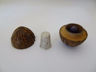 Antique Carved Walnut Wooden Thimble Case With French Sterling Silver Thimble photo