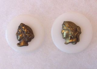 Buttons Victorian White Glass Brass Escutcheon Heads photo