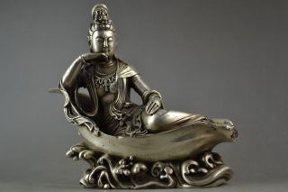 Rare Miao Silver Carved Efficacy Kwan - Yin Posture Leisurely Lie On Lotus Statue photo