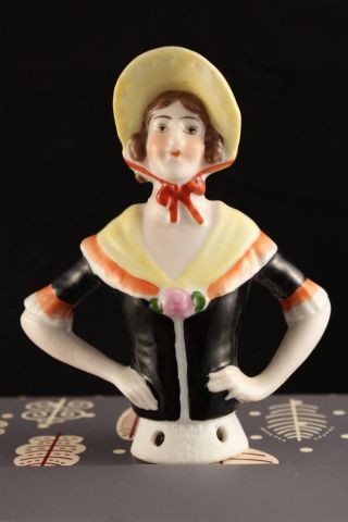 Antique Bisque German Half Doll Woman Yellow Bonnet Bright Color 14504 Germany photo