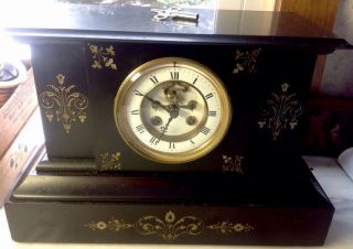 Antique Vtg 1800s A.  D.  Mougin Slate Mantle Clock Engraved Gold Gild W/key photo