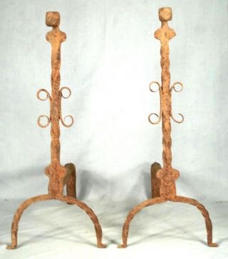 A Fine And Rare 18th Century Spiral Twist Wrought Iron Andirons photo