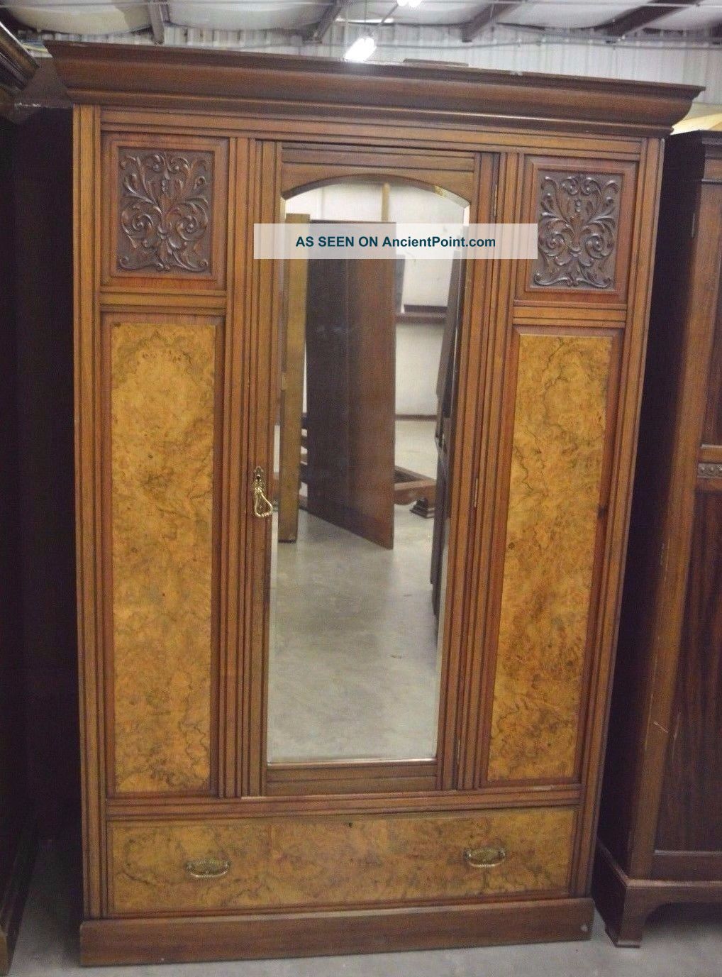 Antique Heavy Carved Wardrobe Armoire Burl Panels Large Dressing Mirror & Drawer 1900-1950 photo
