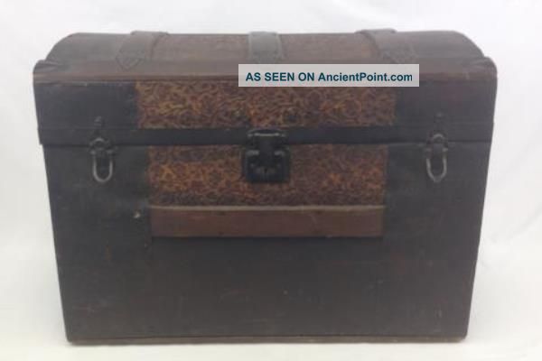 Antique Steamer Trunk Dome Top 1800 ' S Ornate Chest Leather Handles 25x15x19 1800-1899 photo