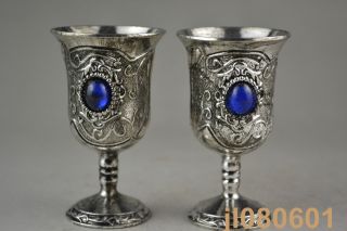 2.  9 Inch China Collcetible Miao Silver Carve Totem Inlay Bead Pair Cup photo