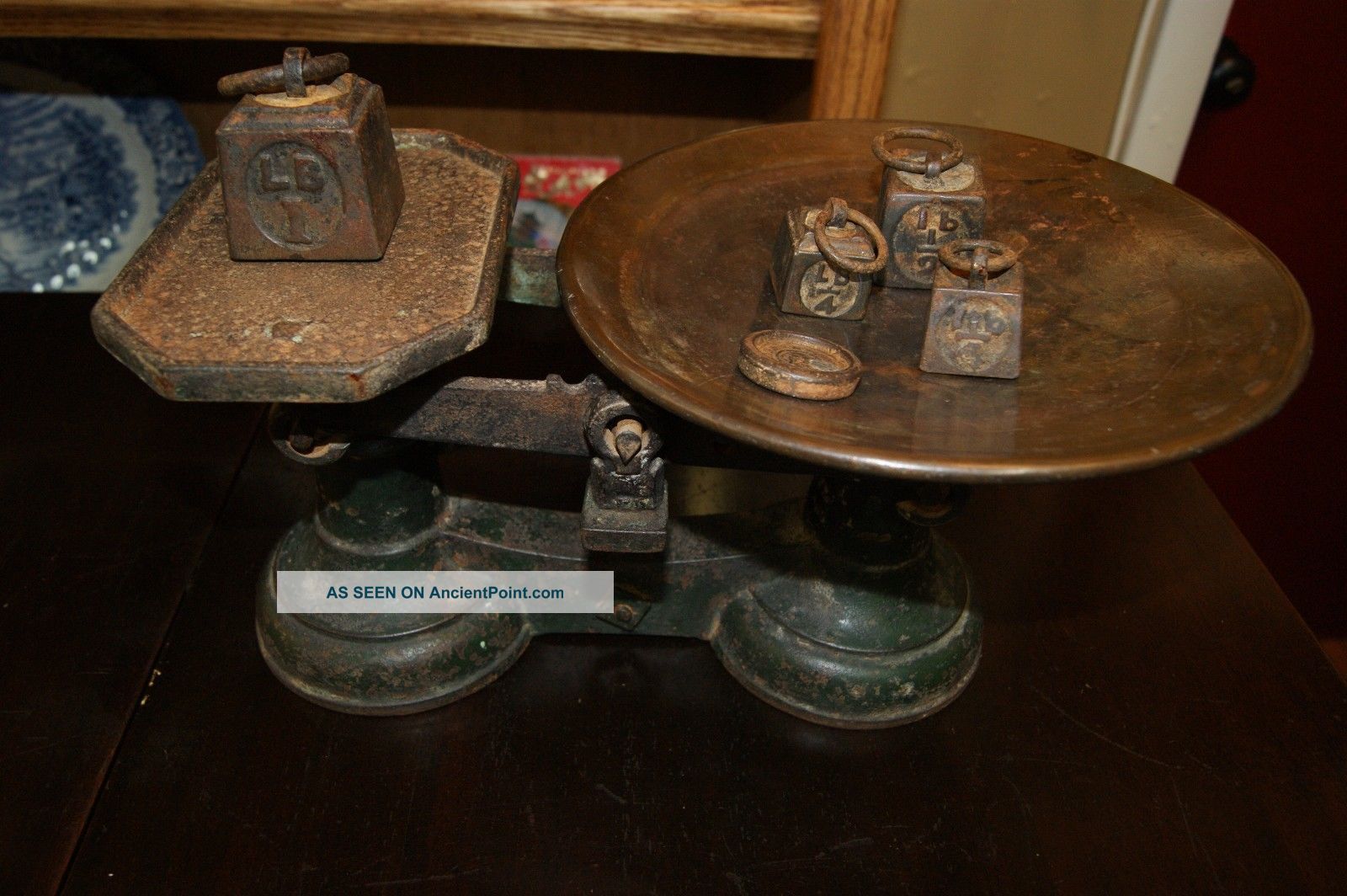 Antique Iron General Store Scale With 5 Weights Copper Tray In Scales photo