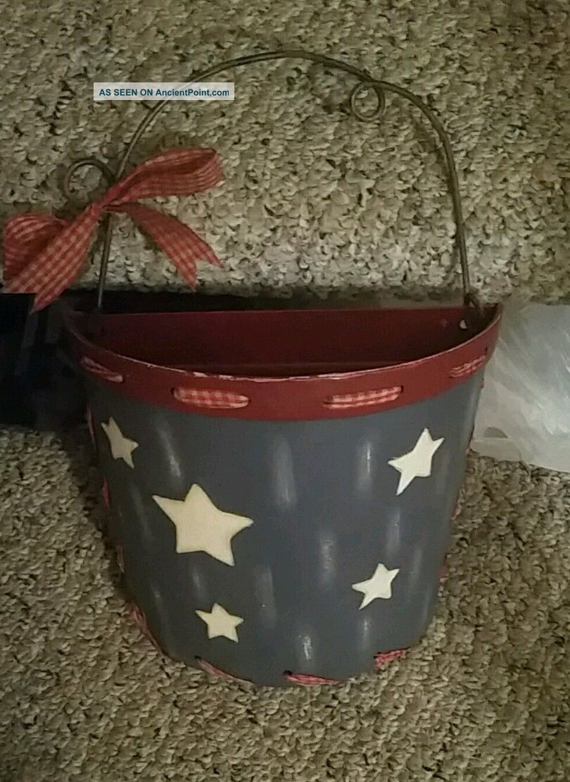 Primitive Rustic Americana Hanging Basket With Stars And Gingham Ribbon Primitives photo