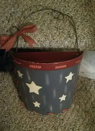 Primitive Rustic Americana Hanging Basket With Stars And Gingham Ribbon photo
