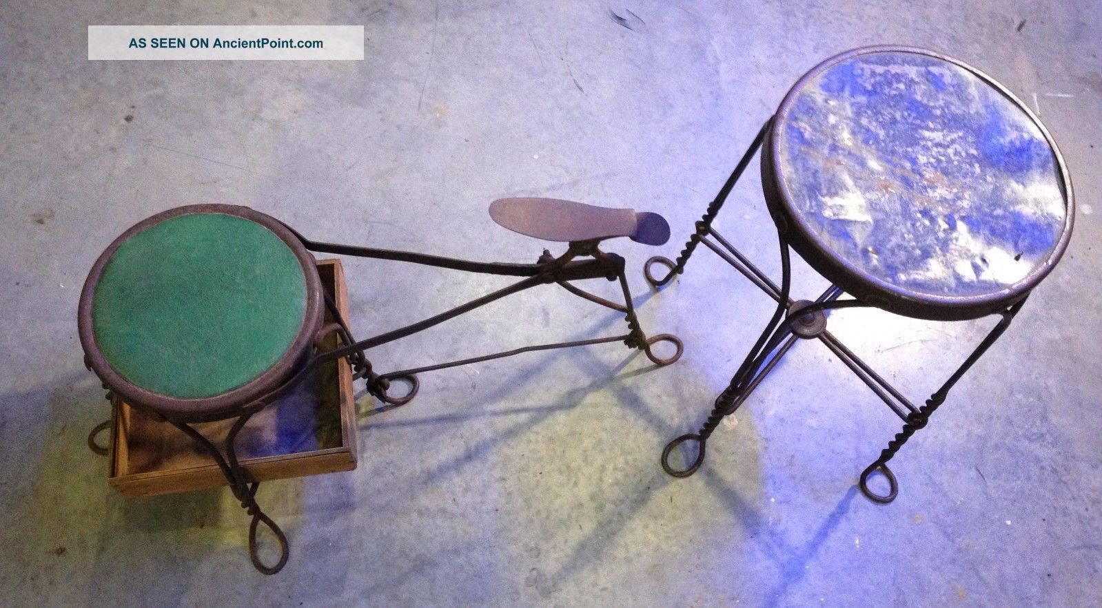 Antique Twisted Wrought Iron Shoe Shine Stand & Matching Customer Stool Other Mercantile Antiques photo